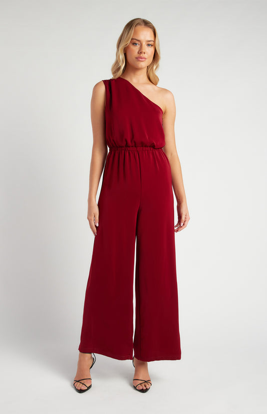 One Shoulder Elastic Waist Jumpsuit with Scarf Tie