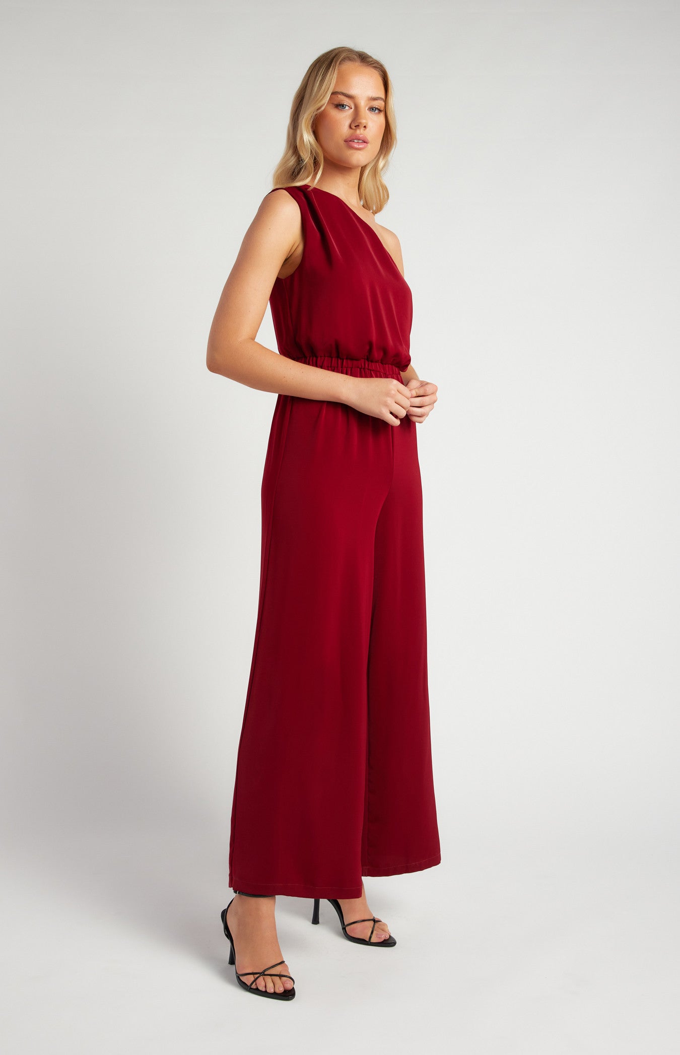 One Shoulder Elastic Waist Jumpsuit with Scarf Tie