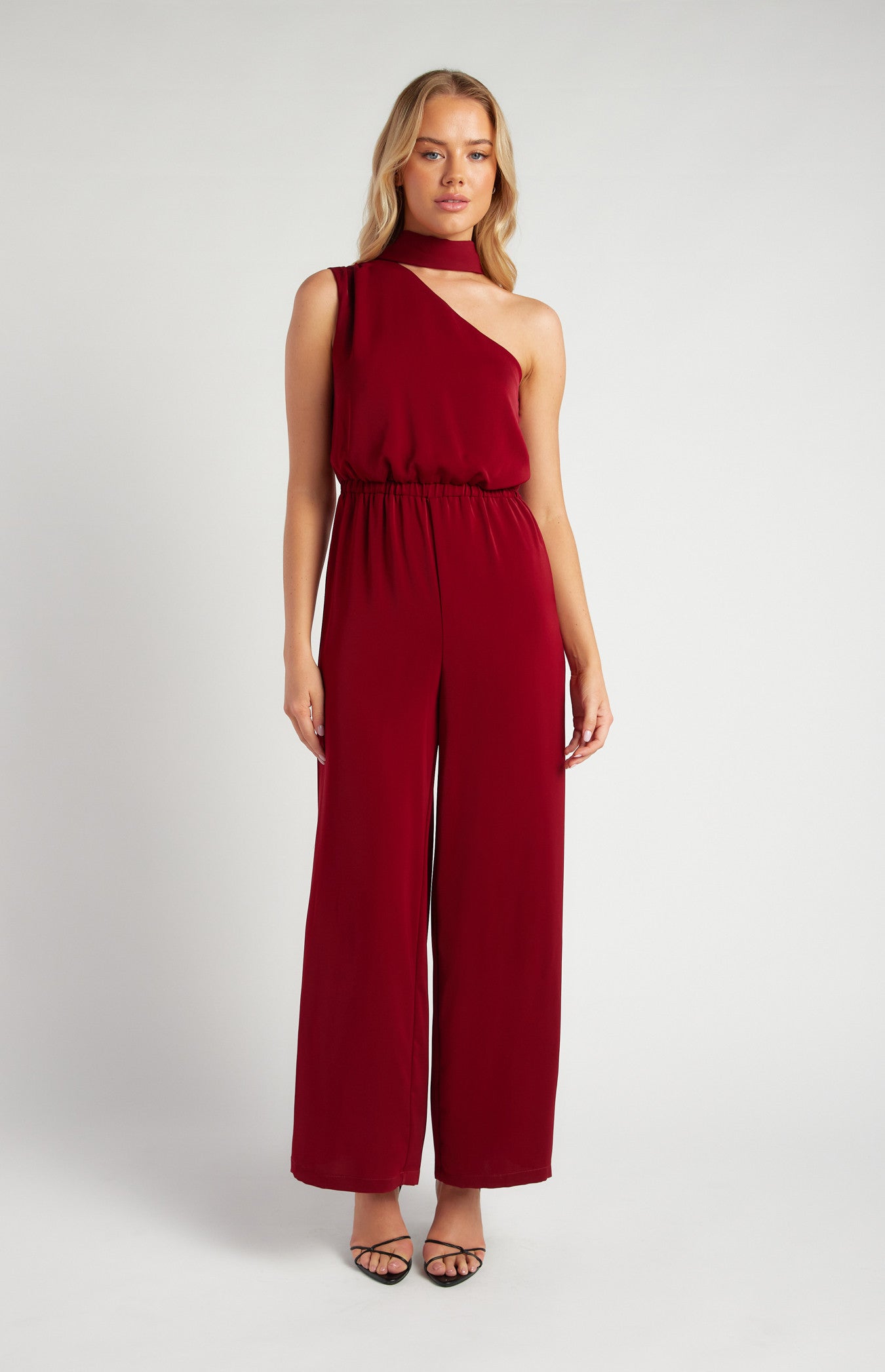 One Shoulder Elastic Waist Jumpsuit with Scarf Tie
