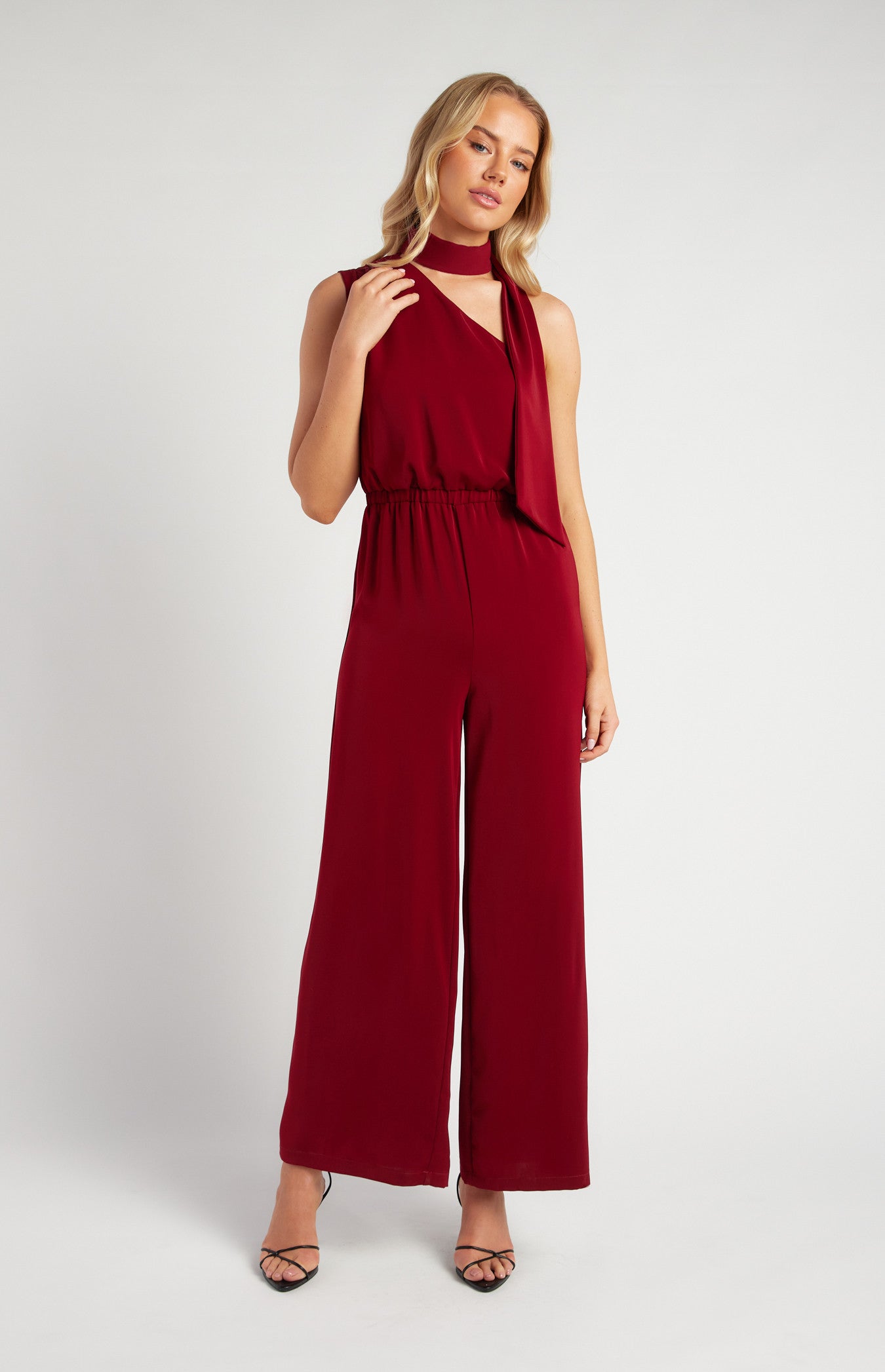 One Shoulder Elastic Waist Jumpsuit with Scarf Tie