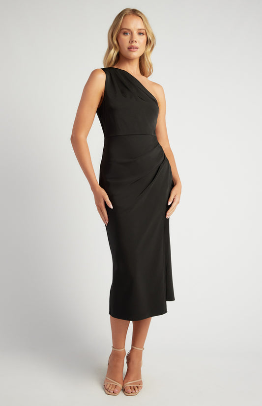 Pleated Satin Evening Dress with Removable Scarf